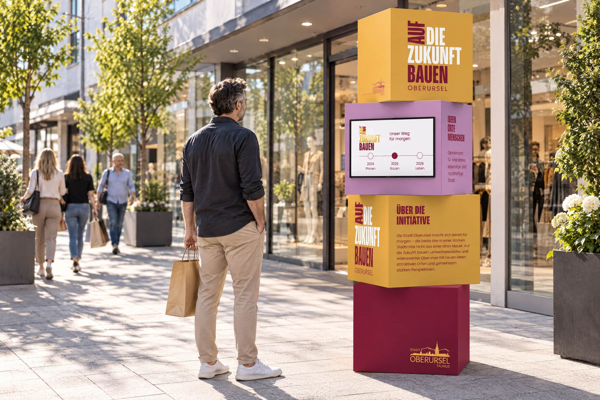 Zukunft Bauen 10 ADZB Mockup 09 Wuerfelturm Screen Einkaufsstrasse